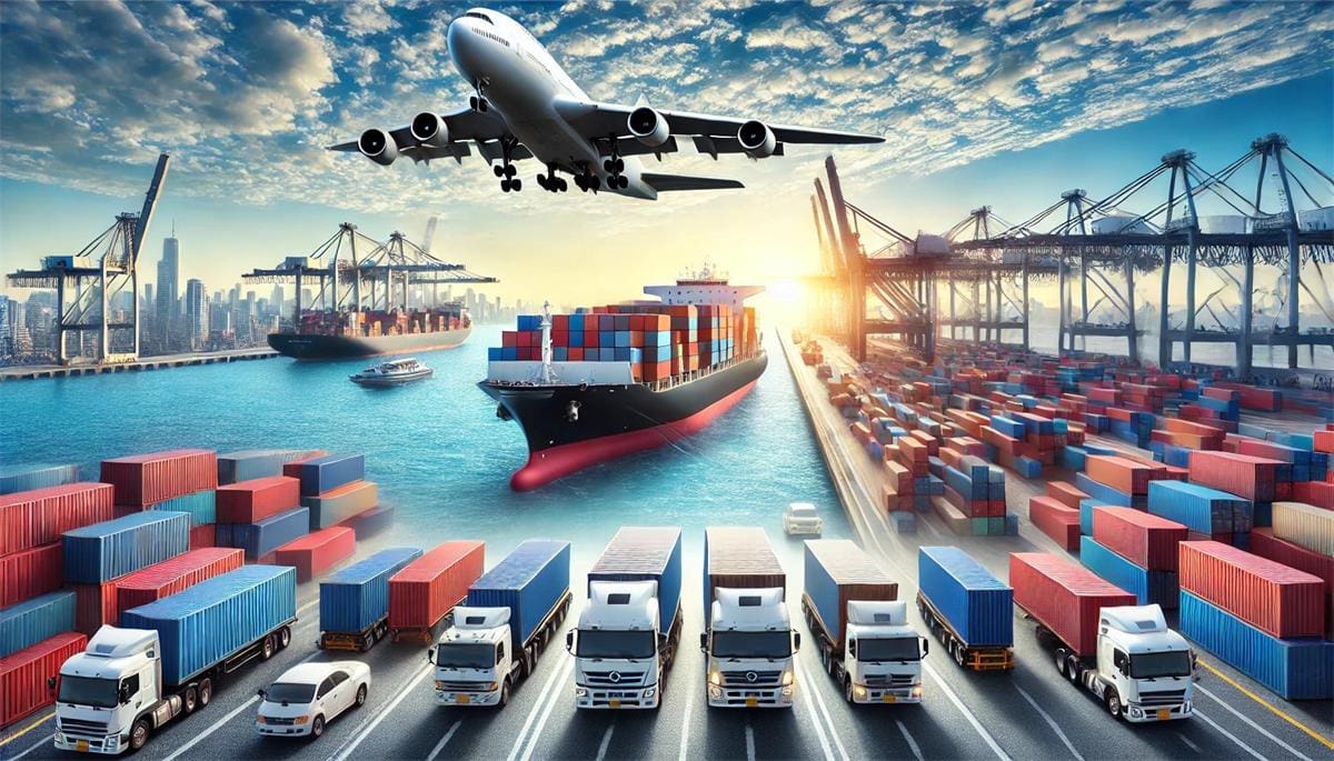 Global shipping logistics scene at sunrise