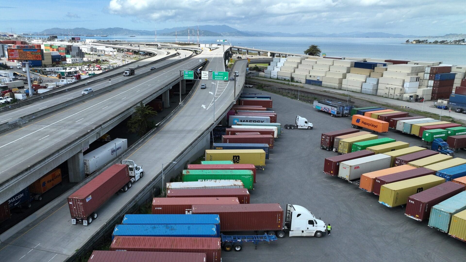 Trucks and containers at a port