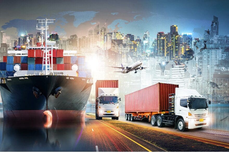 Cargo ship, trucks and airplane at port