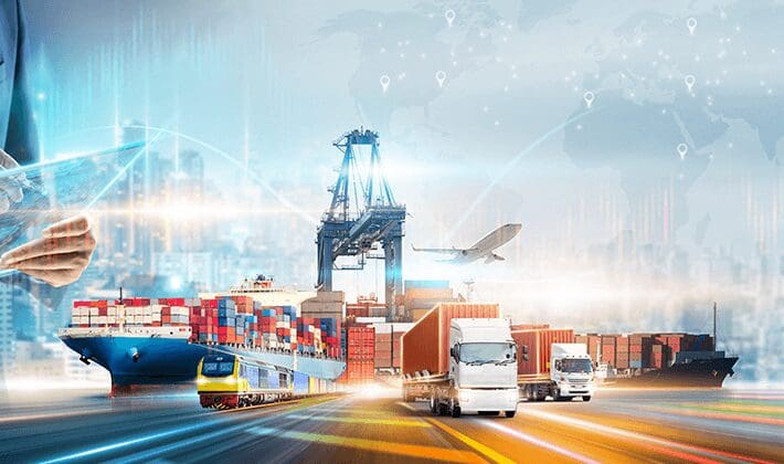 Cargo transport with ship and trucks