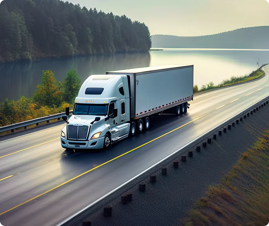 Semi-truck on a lakeside highway