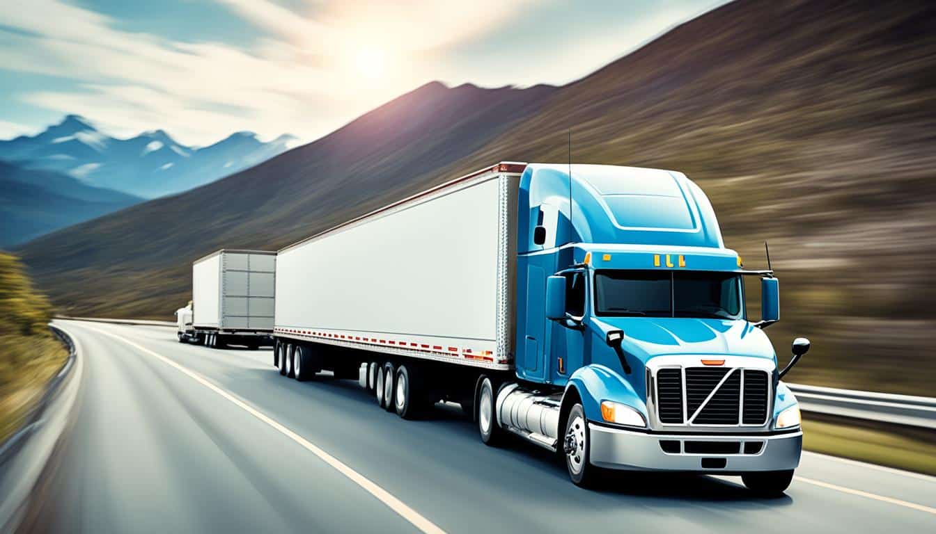 Semi-truck hauling trailer through scenic road