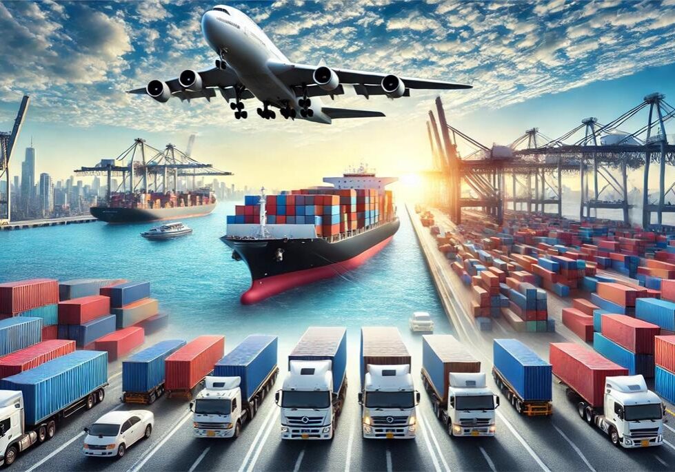 Global shipping logistics scene at sunrise