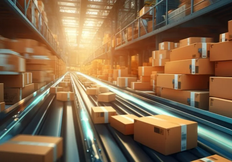 Boxes on automated conveyor belt