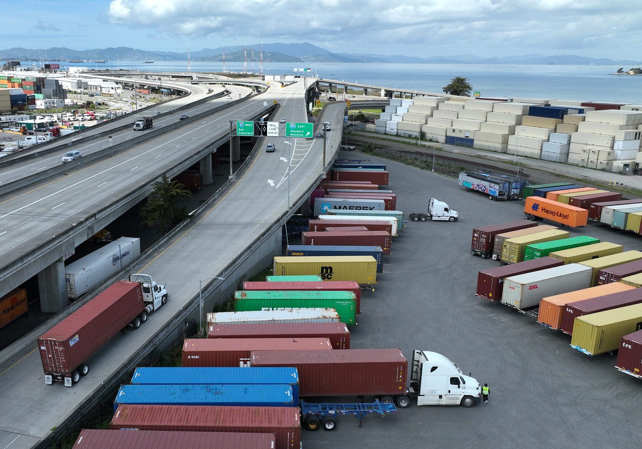 Trucks and containers at a port