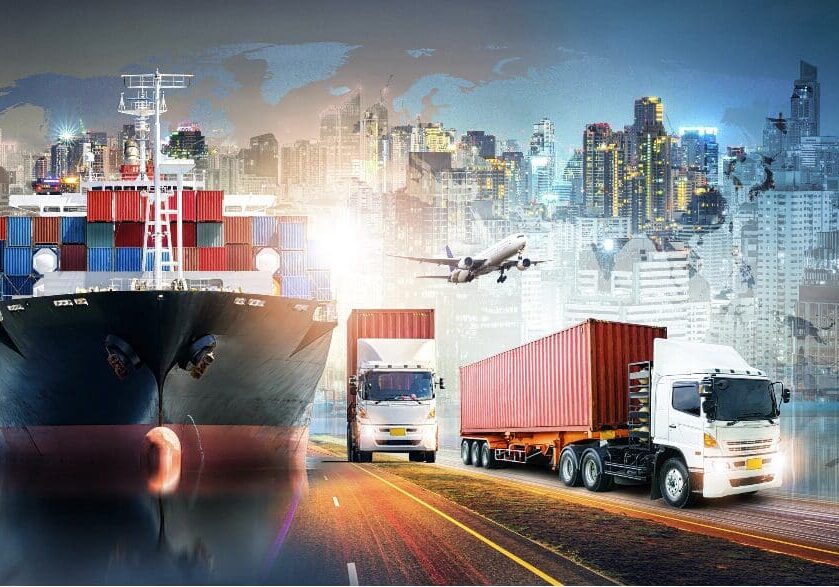 Cargo ship, trucks and airplane at port