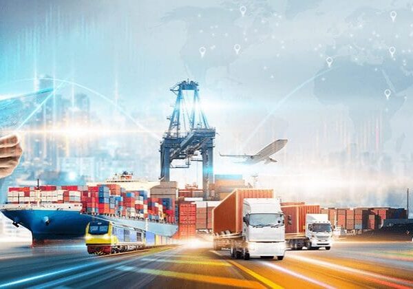 Cargo transport with ship and trucks