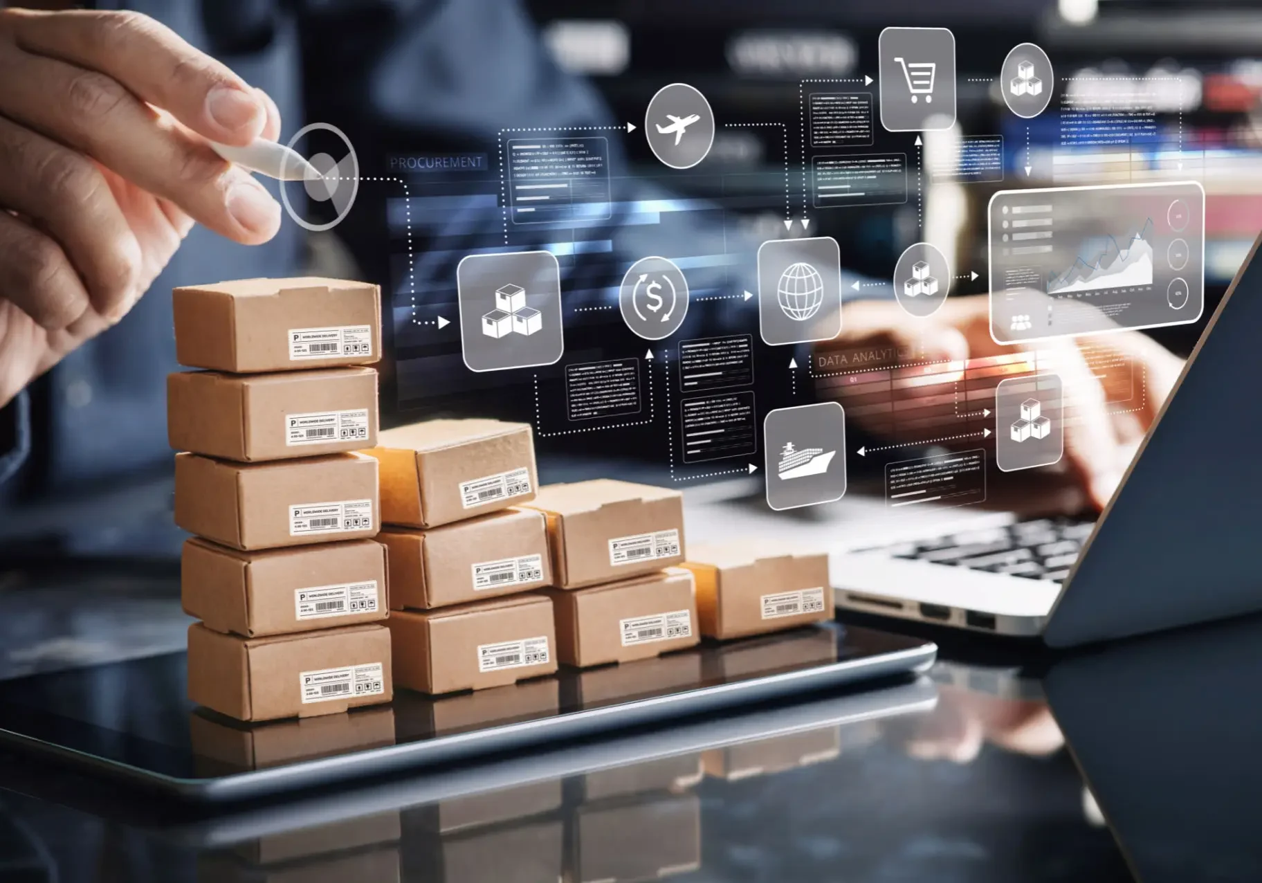 Stacked parcels with digital logistics overlay