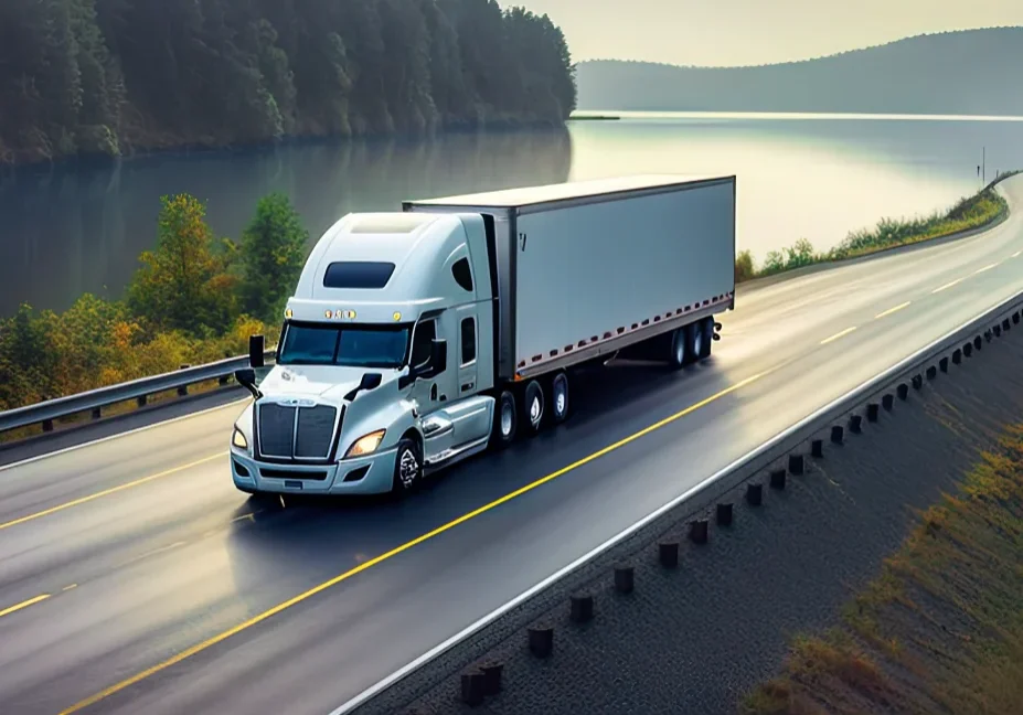 Semi-truck on a lakeside highway