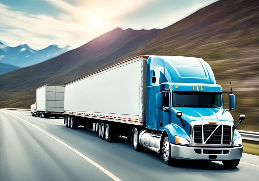 Semi-truck hauling trailer through scenic road